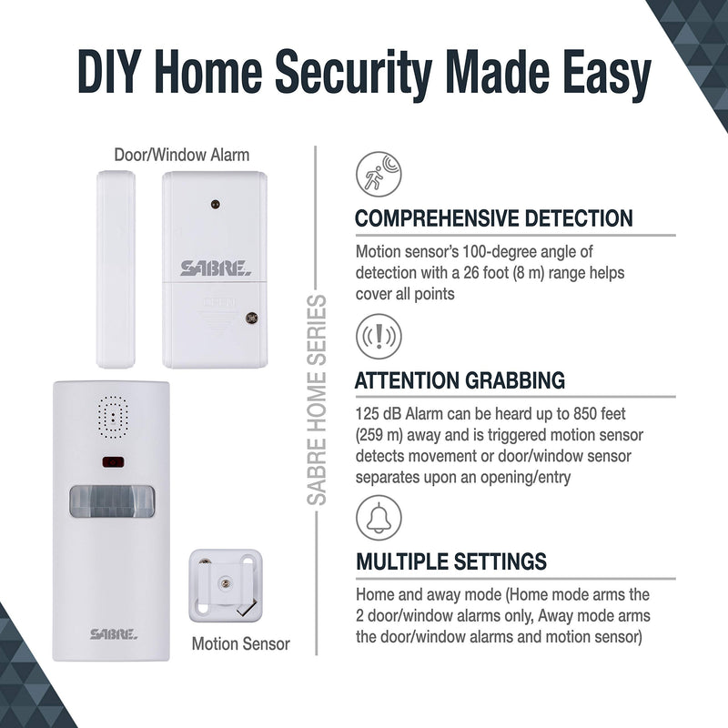 SABRE Home Security System with Remote, 125dB Alarm, Audible Up to 850 Feet (259 Meters), Wireless, Comes with 1 Motion Sensor Alarm, 2 Door or Window Alarms and 1 Remote Key Fob, Home and Away Modes - NewNest Australia