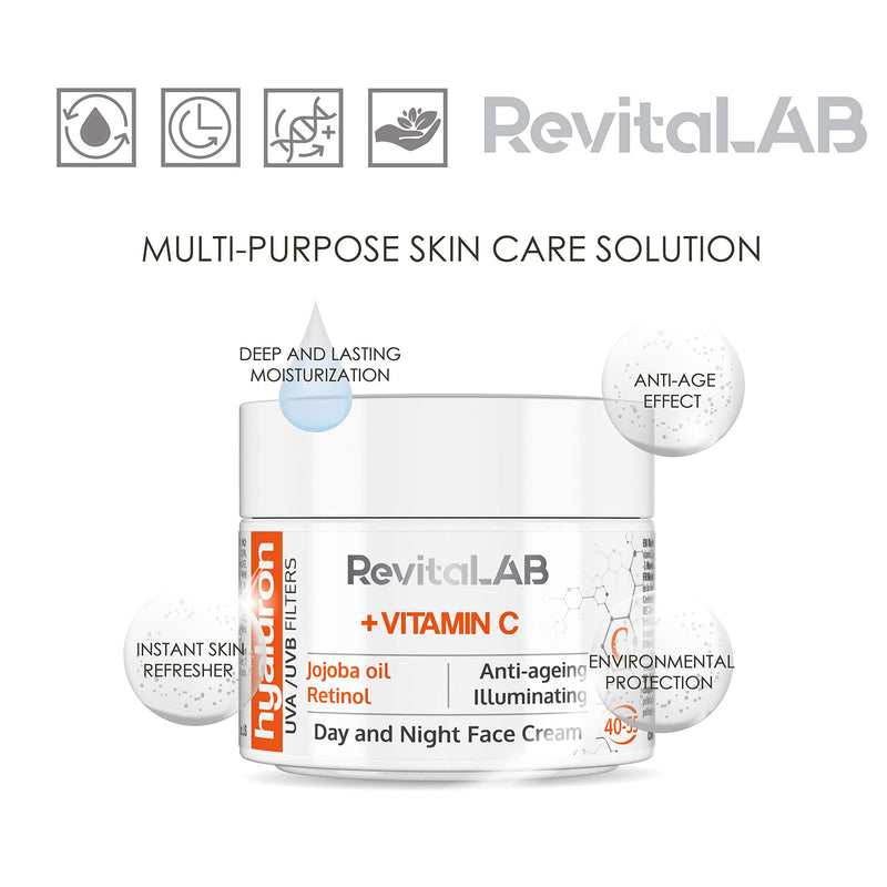 RevitaLAB Hyaluron Anti-Ageing Day and Night Cream, Enriched with Vitamins A, B3, B5, E, C, Jojoba Oil and UV Filters, for Ages 40 – 55, 50 ml 50 ml (Pack of 1) - NewNest Australia