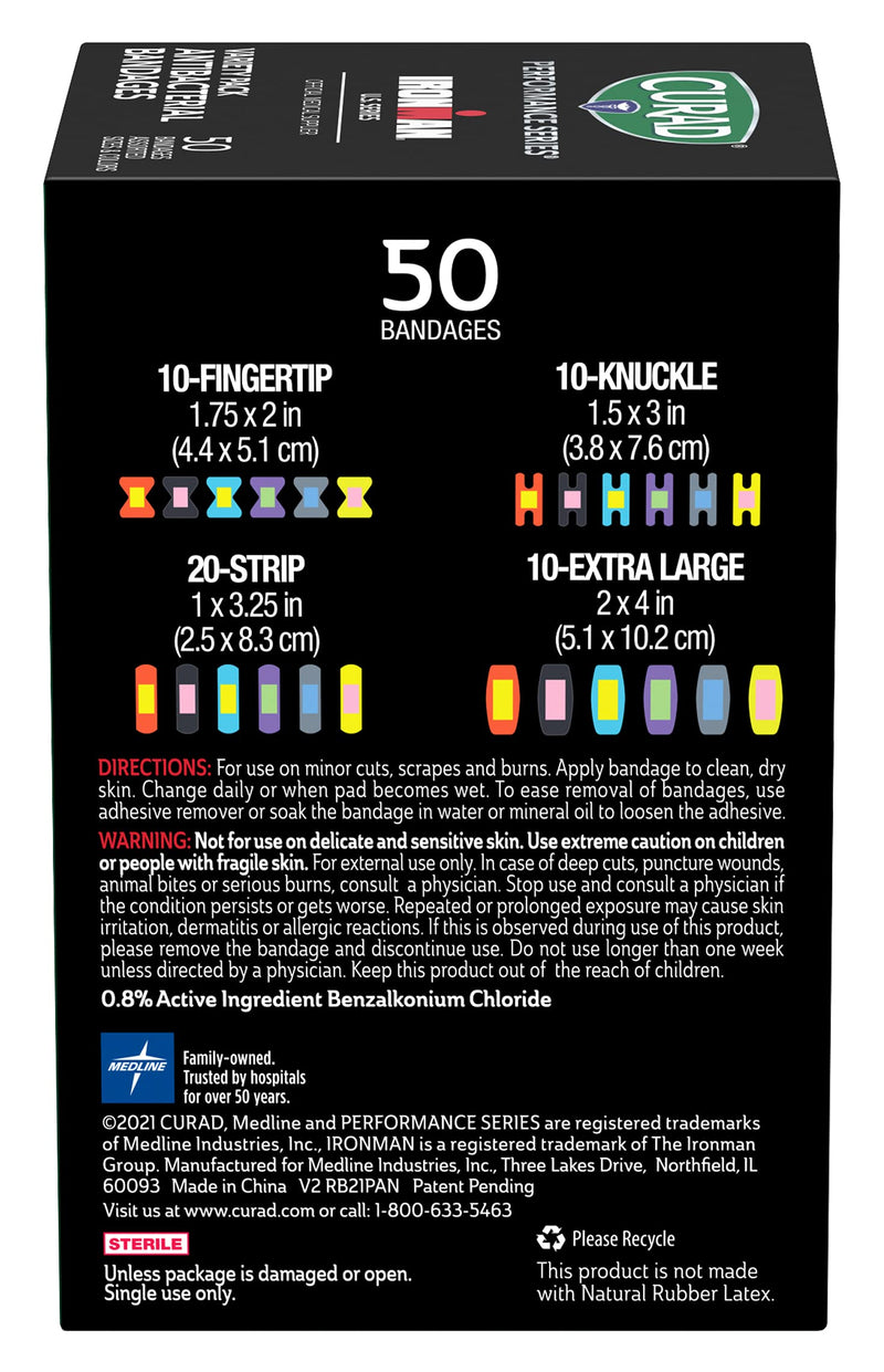 Curad Performance Series Ironman Antibacterial Bandages, Extreme Hold Adhesive Technology, Assorted Variety Pack Includes Standard, XL, Finger & Knuckle Fabric Bandages, 50 Count - NewNest Australia