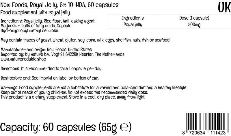 Now Foods, Royal Jelly (Royal Jelly), 500mg, standardized to 6% 10-HDA, high dosage, 60 capsules, laboratory tested, gluten-free, soy-free, non-GMO - NewNest Australia