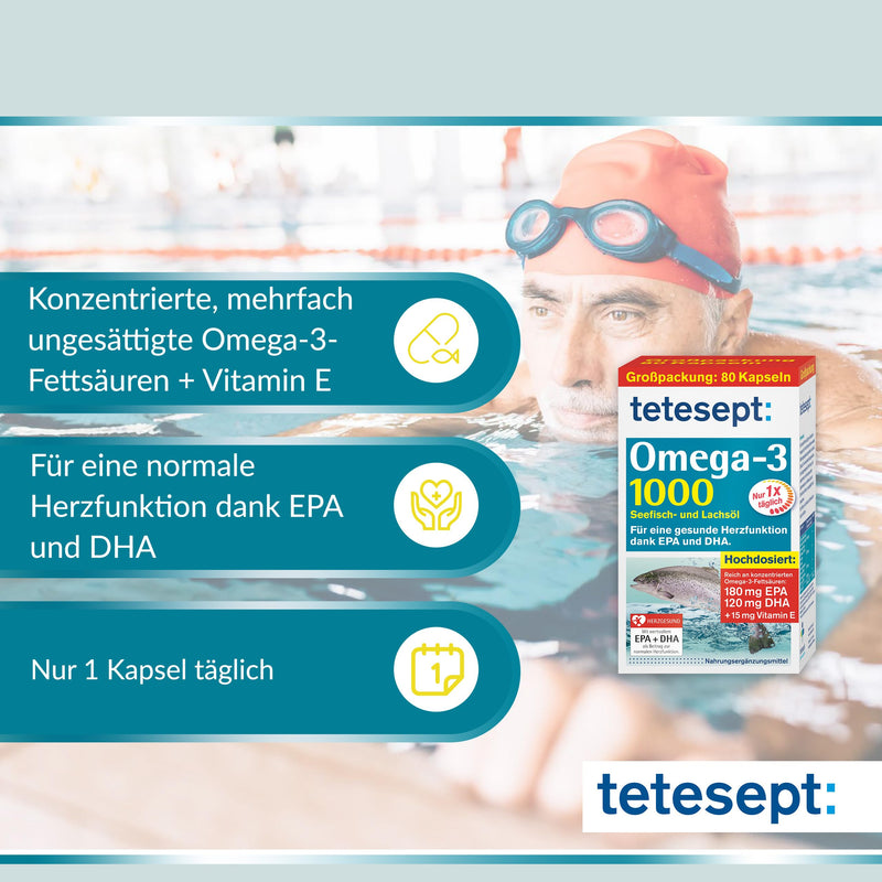 Tetesept Omega-3 1000 - Sea Fish And Salmon Oil Capsules - High Dose Omega 3 Fatty Acids Dha, Epa And Vitamin E - Supports Cardiovascular System - 1 X 80 Capsules [Dietary Supplement] - NewNest Australia