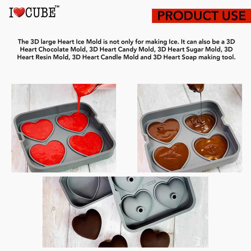 I LOVE CUBE Ice Cube Tray, 3D Heart Ice Mold, Large Big Heart Cube - 2.5 Inches Heart Shape Ice Mold for Whiskey, Cocktail, Beverages, Iced Tea & Coffee - NewNest Australia