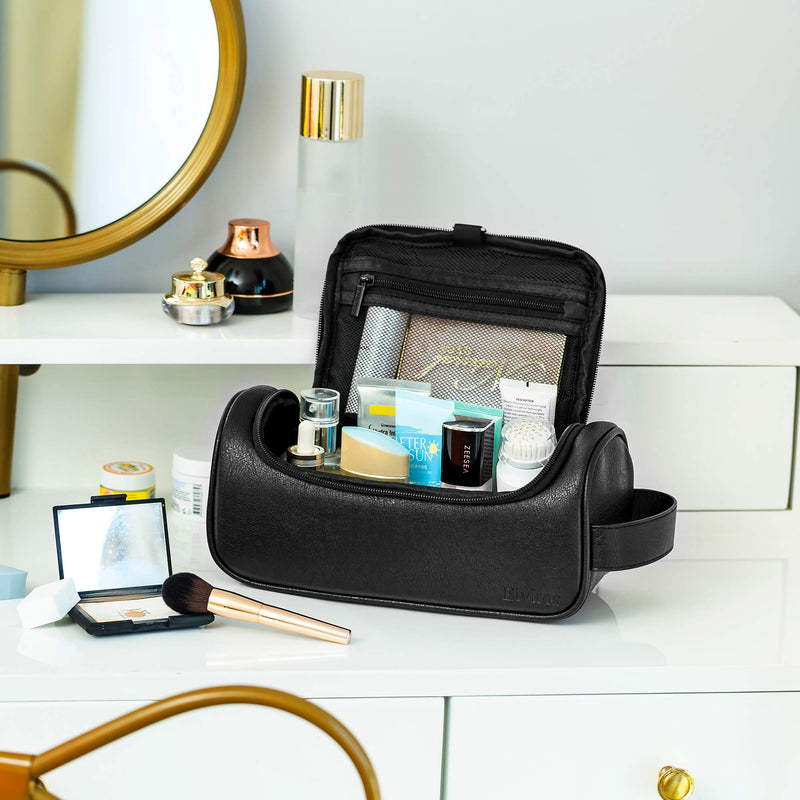 Elviros Water-Resistant PU Leather Toiletry Bag for Men Travel Wash Bag Shaving Dopp Kit Bathroom Gym Toiletries Makeup Organizer with Free Wet Dry Bag (Black-Medium) Black-medium M - NewNest Australia