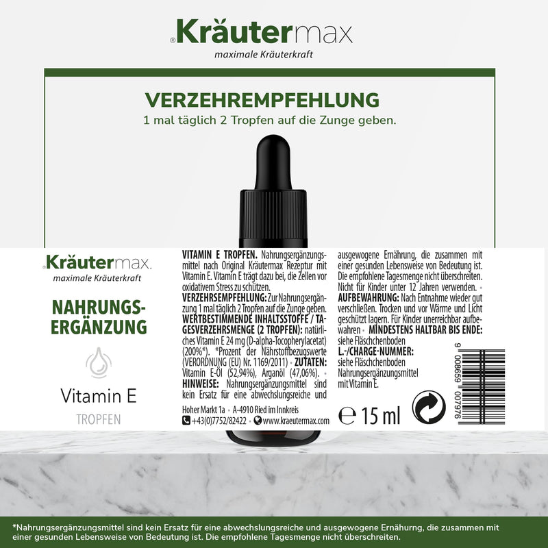 Kr√§Utermax Vitamin E Oil, Vitamin E Drops For One, Vitamin E Oil, Pure, Vegan And High Dosage, According To Herbal Max Original Formula, Vitamin E Oil, Natural, 1 X 15 Ml - NewNest Australia