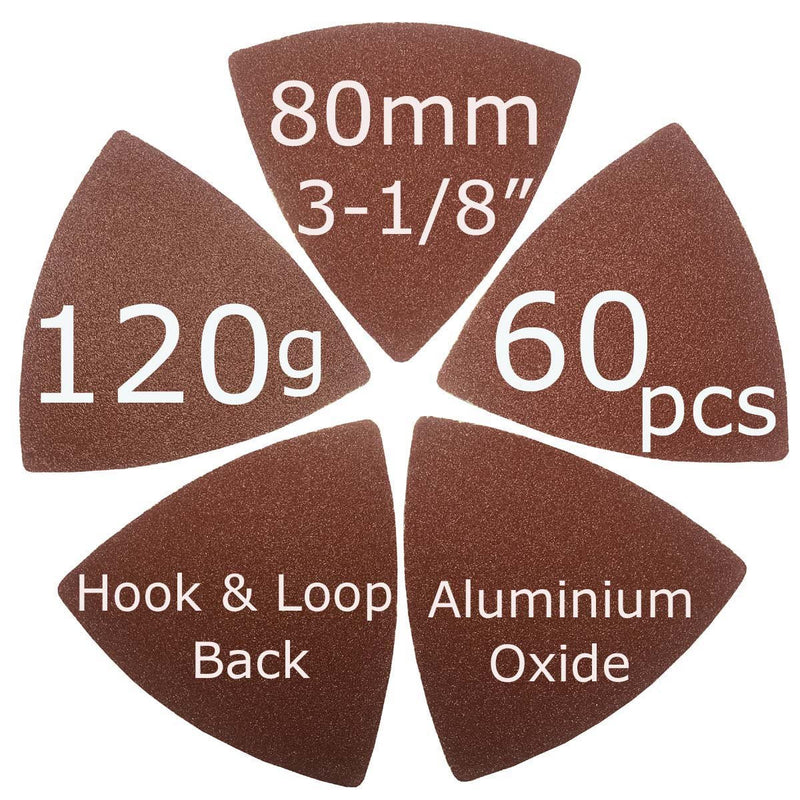 XXGO 60 Pcs 120 Grits Triangular 3-1/8 Inch 80mm Hook & Loop Oscillating Tool Sandpaper for Wood Sanding Fit 3-1/8 Inch Triangle Oscillating Multi Tool Sanding Pad XG8020120 120 Grit - 60 Pcs - NewNest Australia