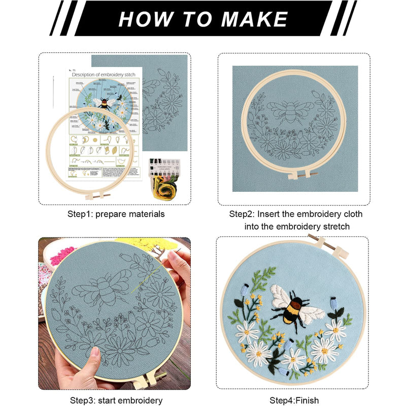 Lukinbox Embroidery Starter Kit for Beginners, 3 Sets Cross Stitch Kits for Adults, Include Embroidery Clothes with Cute Bees and Flowers Patterns Embroidery Hoops, Threads, Needles and Instruction - NewNest Australia