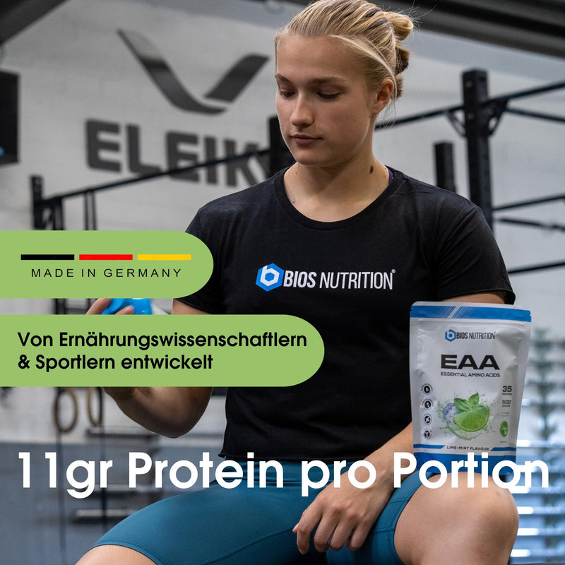 EAA powder LIME MINT 500gr - essential amino acids - 11gr protein per serving - without bad aftertaste - vegan & high dosage - BIOS Nutrition (Made in Germany) 500g (pack of 1) - NewNest Australia