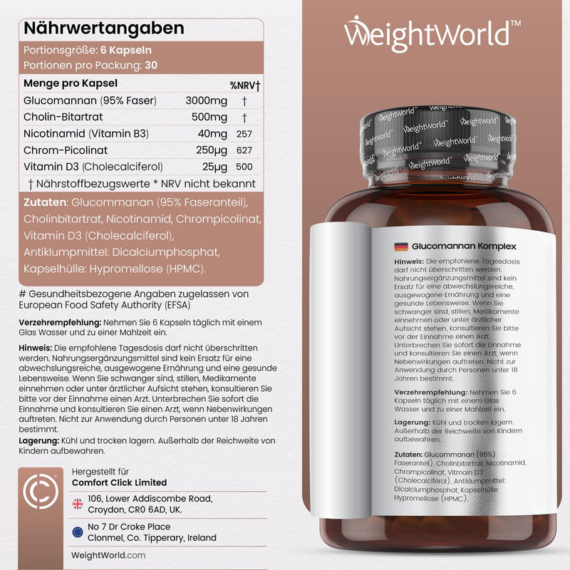 Glucomannan Capsules 3540 Mg - 30 Days - 180 Vegetarian Capsules With 95% Fiber - Vitamins For Women And Men With 500 Mg Choline, 250 Mcg Chrome, Vitamin B3 & Vitamin D3 - Konjac Weightworld - NewNest Australia