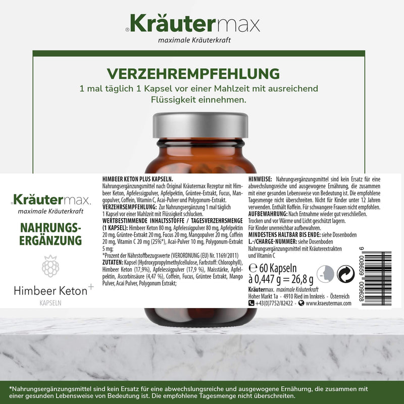 NEW! Kräutermax Raspberry Ketone Capsules | Raspberry Ketones vegan and natural | According to the Kräutermax original recipe with apple pectin, apple cider vinegar, green tea, vitamin C and more | Ketones 1 x 60 pieces - NewNest Australia