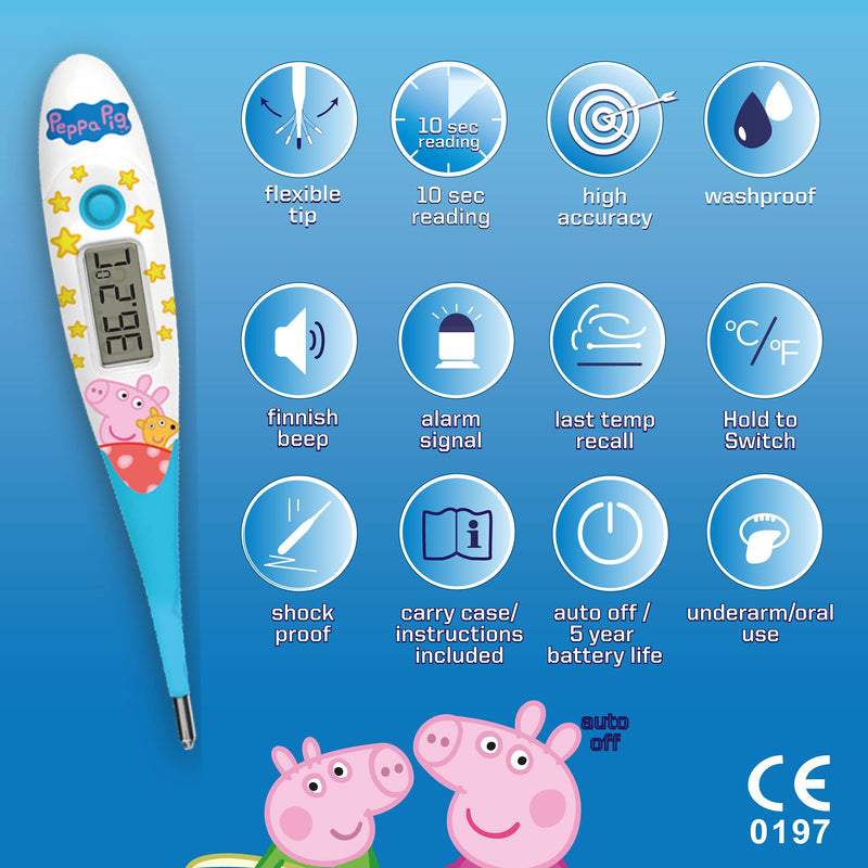 Peppa Pig Digital Thermometer | Oral, Underarm use| Large LCD | 10 Second Reading | Fever Alarm | Flexible Tip | Last Temperature Recall | CE Certified | Calms Kids | Made by Jellyworks Peppa Pig - NewNest Australia