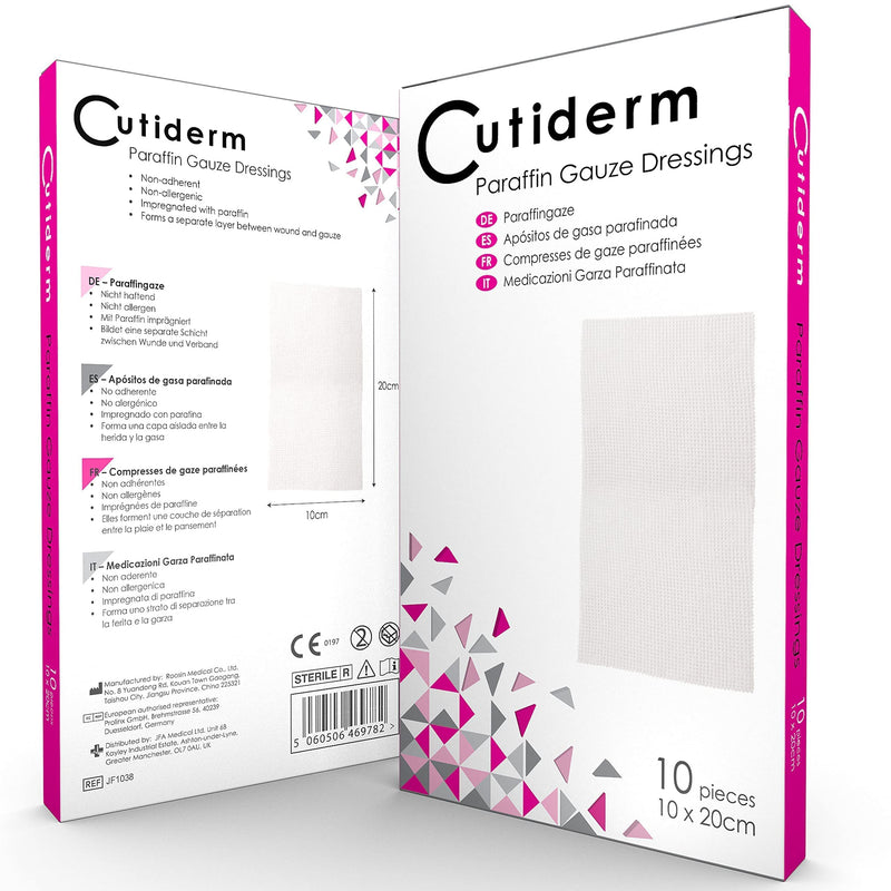 Pack of 10 Cutiderm Sterile Paraffin Gauze Dressing 10cm x 20cm - Suitable for Superficial and Partial Thickness Burns, Skin Loss Wounds, abrasions and Traumatic Injuries 10cm x 20cm (Pack of 10) - NewNest Australia