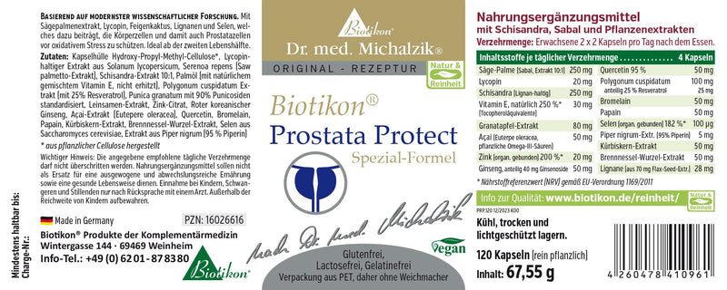 Prostate Protec Dr. med. Michalzik - High-quality recipe, important vital substances in high concentration, saw palmetto extract 10:1, pumpkin seed extract 50mg - without additives - from BIOTIKON® - NewNest Australia