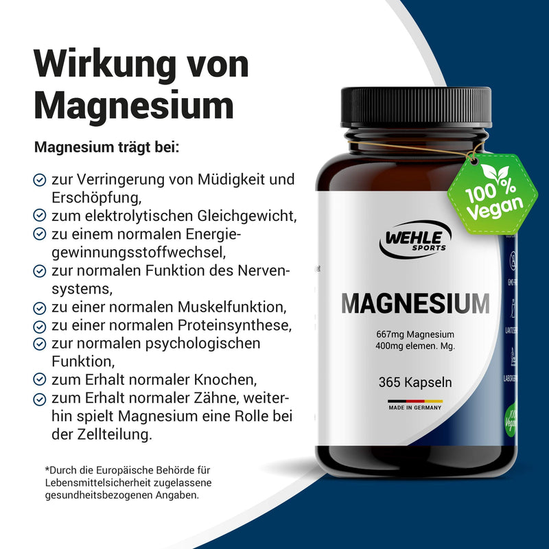 Magnesium 400mg capsules, high dosage - 365 pieces (1 year) 667mg per capsule, of which 400mg is elemental magnesium I Laboratory tested Vegan - Wehle Sports - NewNest Australia