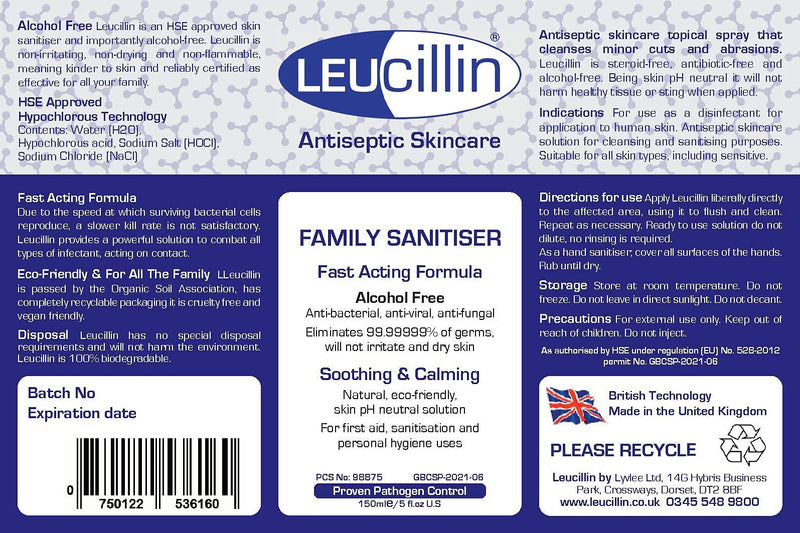 Leucillin Family Sanitiser | Alcohol Free Antibacterial, Antifungal & Antiviral Antiseptic Spray Disinfectant | for Hands, Face, Skin, Your Pets & Home (150ml) - NewNest Australia