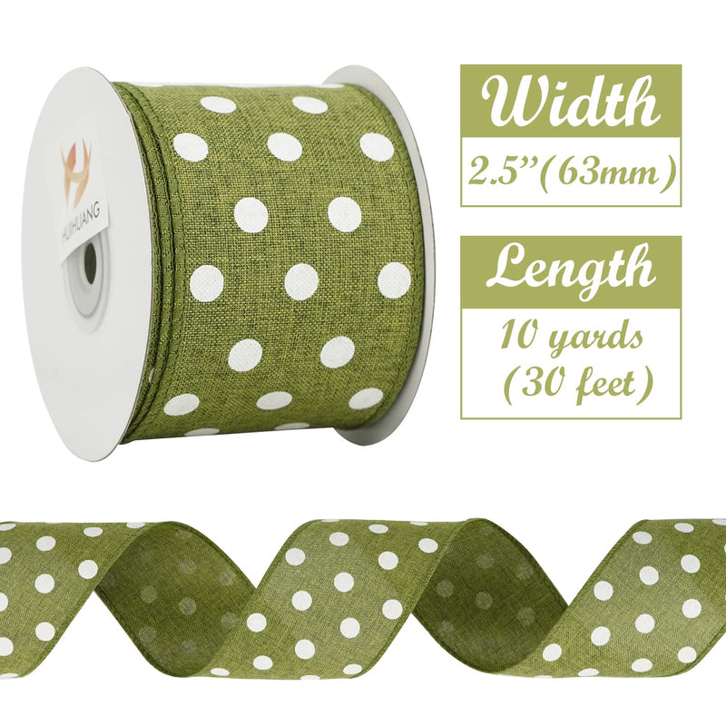 HUIHUANG Polka Dot Burlap Ribbon Wired Edge Ribbon 2.5 Inch X 10 Yards Sage Green and White Polka Dot Wreath Ribbon for Big Bows Spring Summer Wreaths Swags Garland Decoration Gift Wrapping - NewNest Australia