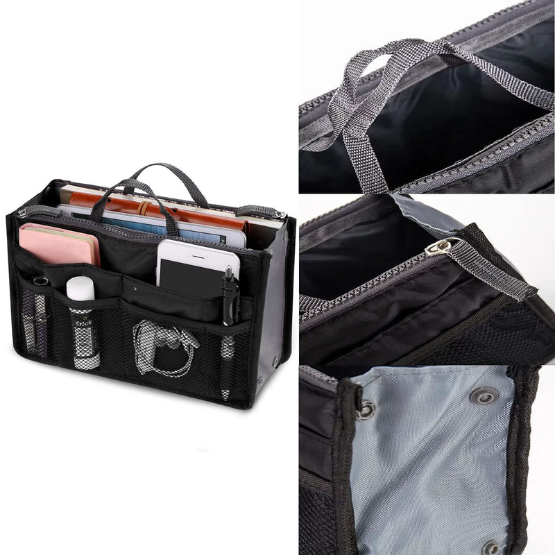 YUEMING Handbag Organiser, Ladies Travel Insert Organiser Tidy Bag Purse Pouch Zipper Closure Tote 13 Pocket Organiser Diaper Bag Cosmetic Travel Bag Liner Pouch with Handle (Black) Black - NewNest Australia