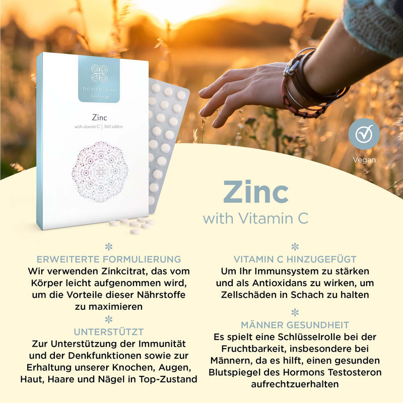 Healthspan Zinc With Vitamin C, 360 Tablets, Immune Health, 15 Mg Zinc And 80 Mg Vitamin C Per Tablet, Easy To Absorb, Take Once A Day, Easy To Swallow, Vegan - NewNest Australia