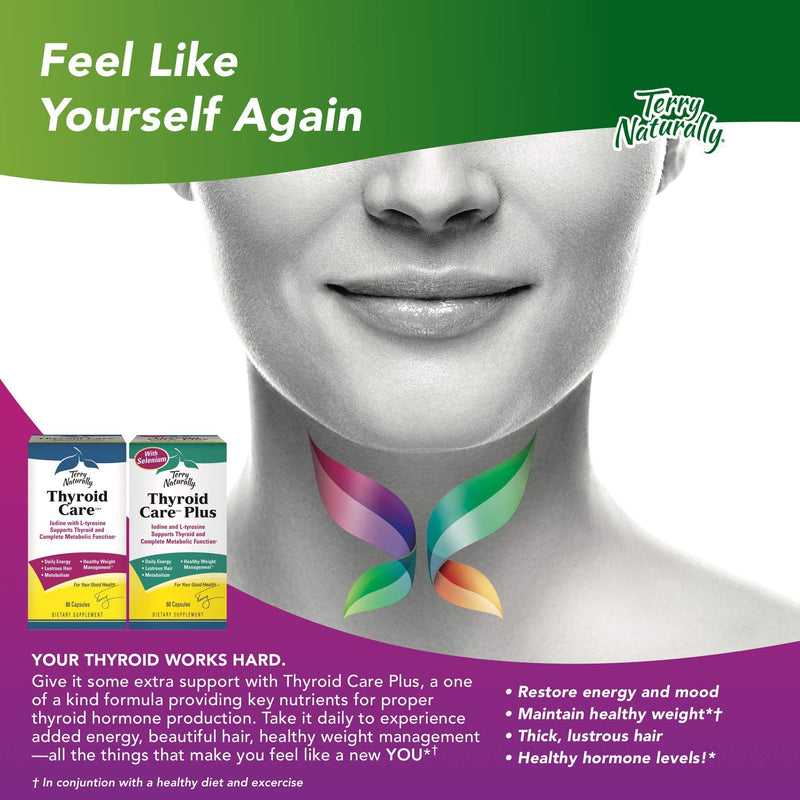 Terry Naturally Thyroid Care Plus - Iodine + L-Tyrosine, 60 Capsules - Thyroid Support Supplement with Selenium, Promotes Energy & Metabolism - Non-GMO, Gluten-Free, Kosher - 30 Servings 60 Count (Pack of 1) - NewNest Australia
