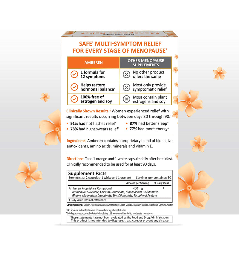 Amberen: Safe Multi-Symptom Menopause Relief. Clinically Shown to Relieve 12 Menopause Symptoms: Hot Flashes, Night Sweats, Mood Swings, Low Energy and More. 1 Month Supply 30 Day Supply - NewNest Australia