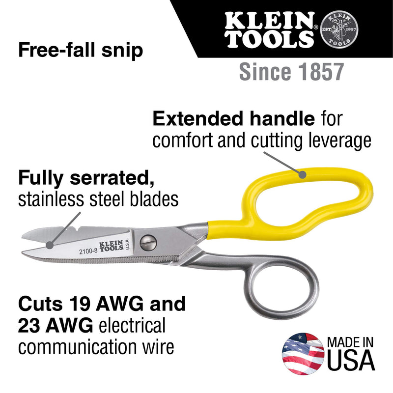 Klein Tools 2100-8 Scissors, Electrician Free Fall Snips, Stainless Steel Cut 19 and 23 AWG Electrical Communication Wire, Cable and Cordage Free-Fall Snip - NewNest Australia