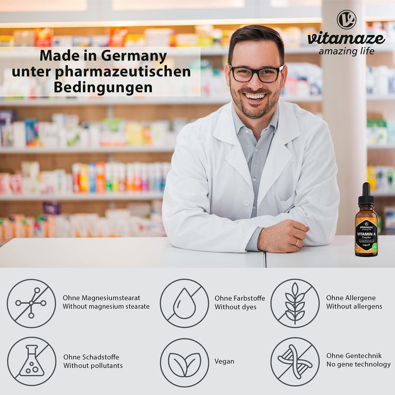High-dose vitamin A drops 5000 IU per daily dose, 50 ml (1700 drops), liquid retinol & vegan, natural dietary supplement without additives, high bioavailability, Made in Germany - NewNest Australia