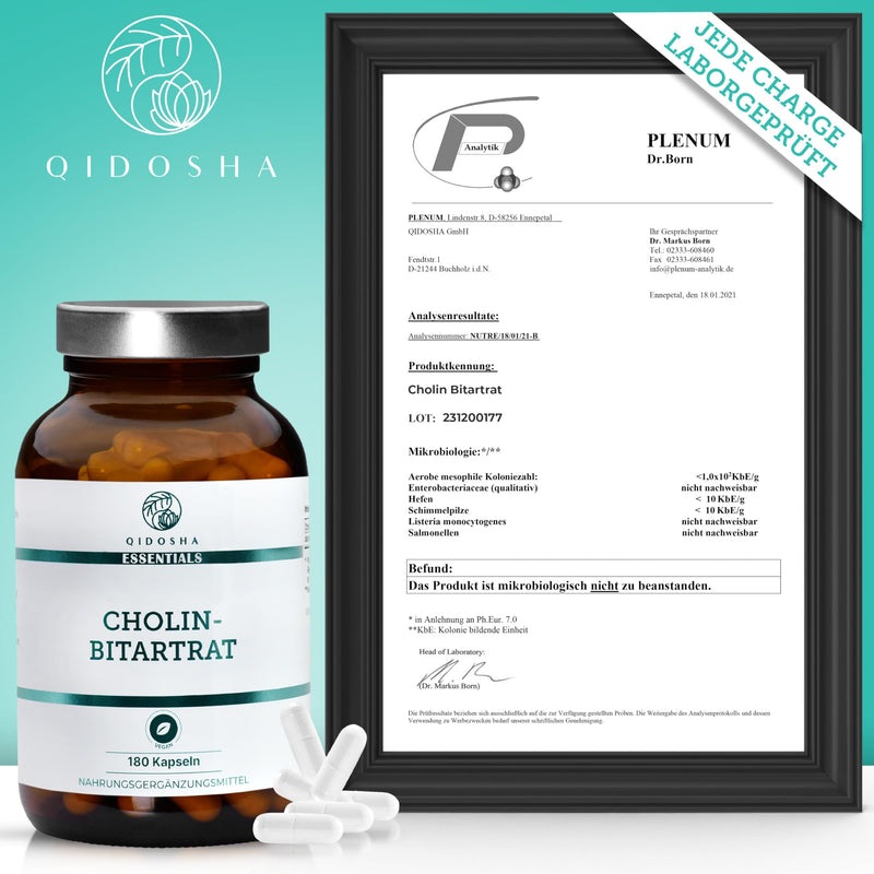 QIDOSHA® choline bitartrate capsules high dosage, 180 capsules in a pharmacist jar, full 630mg choline bitartrate per capsule, vegan, laboratory tested, German production - NewNest Australia