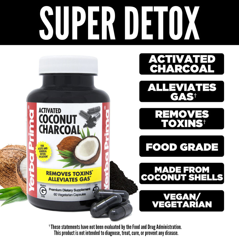 Yerba Prima Activated Coconut Charcoal, 60 Capsules - Natural Detox Cleanse - Vegetarian, Vegan, Gluten Free, Non GMO - NewNest Australia