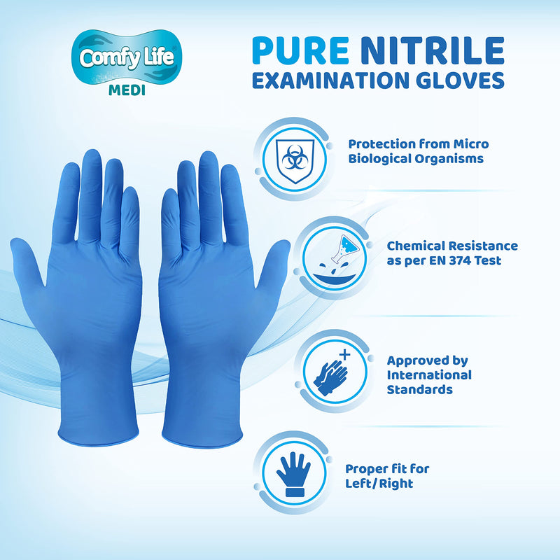 Comfy Life MEDI Pure Nitrile Gloves Premium Medical Grade EN455 EN374 Virus & Chemical Tested AQL 1.5 Powder Free Disposable Examination Gloves Latex Free PPE Food Safe Security Pack of 100 Size Large - NewNest Australia