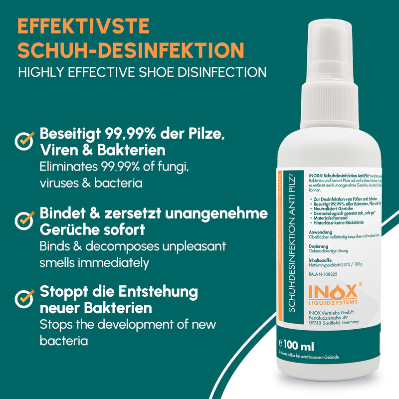 INOX® - Shoe disinfectant spray 2x100ml | Shoe spray against odor & bacteria | quick & effective shoe disinfection | Protect against athlete's foot | Odor remover for shoes 100 ml (pack of 2) - NewNest Australia