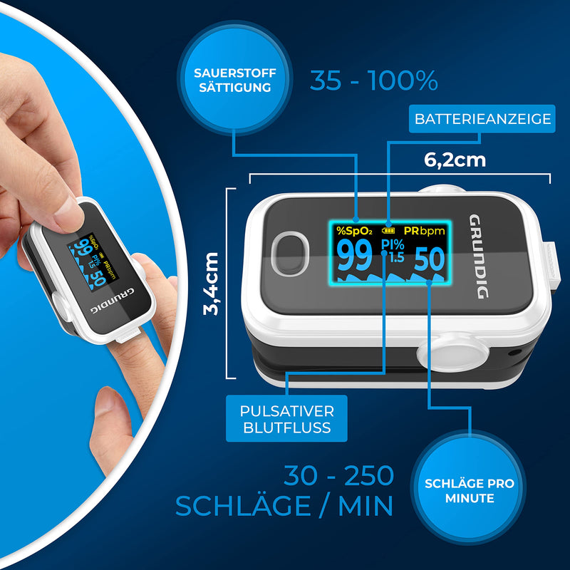 Grundig Pulse Oximeter Oxygen Saturation Oximeter, High Precision Finger Oximeter Meter For Clinically Accurate Determination Of Oxygen Saturation In Blood, Finger Measuring Device With Pulse Monitor Test - NewNest Australia