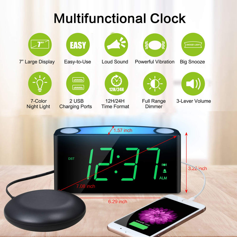 NewNest Australia - Vibrating Loud Alarm Clock with Bed Shaker for Heavy Sleepers Deaf Senior Kids, Large Number LED Display with Dimmer|Night Light|USB Phone Charger|12/24H, Easy to Set Digital Bedroom Desk Travel Clock Green Digits + Bed Shaker 