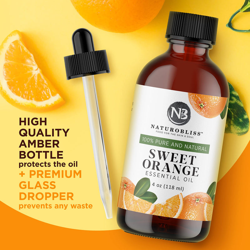 NaturoBliss 100% Pure & Natural Sweet Orange Essential Oil Therapeutic Grade Premium Quality Oil with Glass Dropper - Huge 4 fl. Oz - Perfect for Aromatherapy and Relaxation - NewNest Australia
