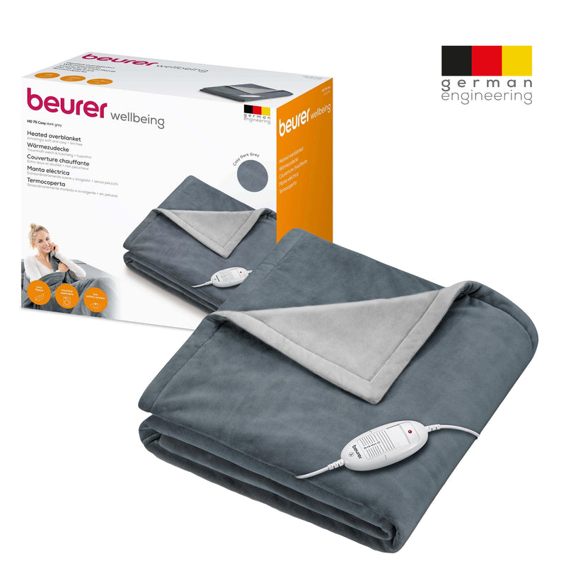 Beurer HD 75 Dark Gray electric blanket, cuddly soft heated blanket, 6 temperature levels, machine washable, with automatic switch-off and particularly safe, dark gray, 180 x 130 cm - NewNest Australia