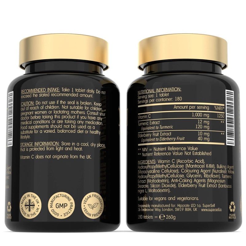 Vitamin C 1000mg Tablets High Strength - Slow Release Formula with Elderberry & Turmeric - 180 Tablets 6-Month Supply - Vegan Vit C Supplement - Plant-Based Immune System Support Complex - UK Made - NewNest Australia