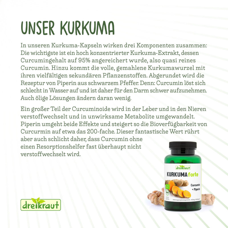 Dreikraut Turmeric Forte Bio, Turmeric + Curcumin 95% + Piperine, 160 X Vegan Capsules, 465 Mg Each, German Production, Balanced Formula, Free From Additives, Residue-Tested - NewNest Australia