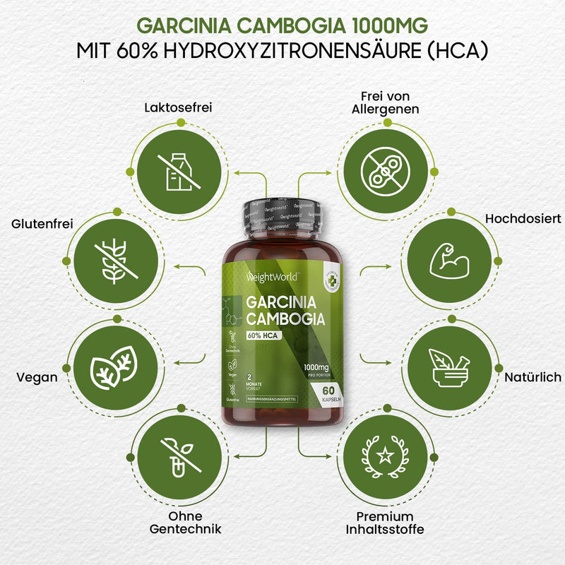 Garcinia Cambogia Pure - 1000Mg Per Capsule - Stimulate Thermogenesis - 60 Vegan Capsules For A 2 Month Supply - Superfood With 60% Hca (Hydroxycitric Acid) - Garcinia Fruit Extract From Weightworld - NewNest Australia