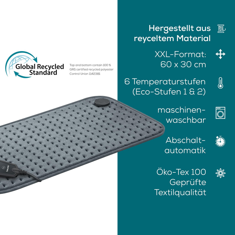 Beurer HK 123 Green Planet heating pad, Made in Europe, top and bottom made from 100% recycled material, cuddly soft, 60 x 30 cm, 6 temperature levels and automatic switch-off, machine washable, gray Gray made from recycled material - NewNest Australia