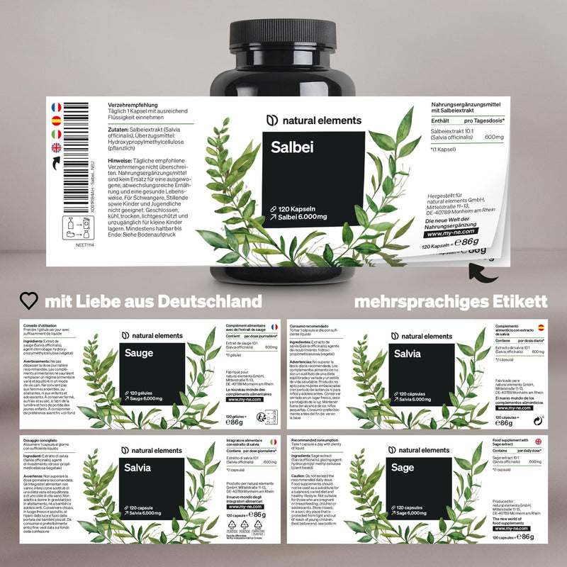 Sage - 120 capsules - 6000mg sage per daily dose - sage extract 10:1 - vegan, high dosage, without unnecessary additives - produced in Germany & laboratory tested - NewNest Australia