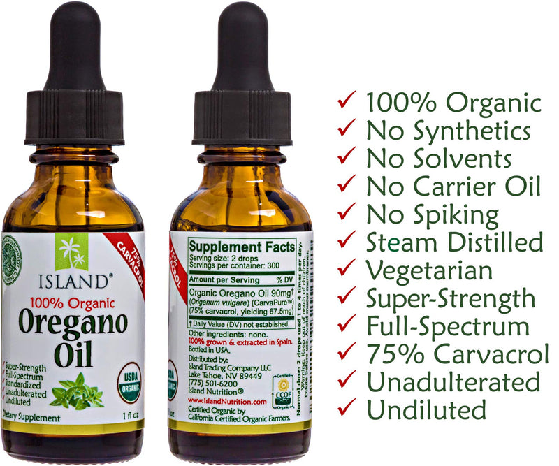 Oregano Oil Organic Liquid Drops - 100% Pure & Undiluted - USDA-Certified Organic (1 oz) 75% Carvacrol - Grown in Spain - Immune Support Supplement with Oil of Oregano by Island Nutrition - NewNest Australia