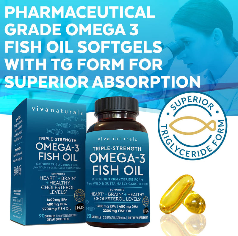Fish Oil Omega 3 Supplement (90 Softgels) - 2,200mg EPA & DHA, Triple Strength Wild Triglyceride Omega 3 Fish Oil Supplements with No Fishy Burps 90 Count (Pack of 1) - NewNest Australia