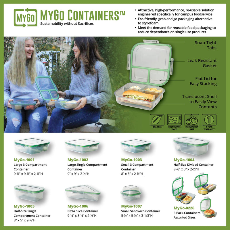 MyGo Container Large To-Go 3-Compartment Food Container, 9-3/8" X 9-3/8" X 2-1/2", Reusable, Microwave Safe, Blue - NewNest Australia