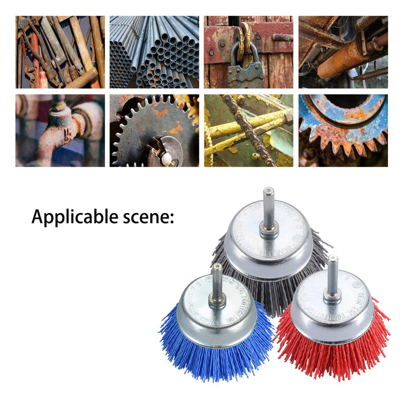 TILAX 3 Inch Abrasive Wire Cup Brush Assorted Cup Brushes 3 Pcs, Nylon Cup Brush for Drill 1/4" Arbor, Grit 80# 120# 320# Cleaning Rust, Stripping and Abrasive, for Drill Attachment - NewNest Australia