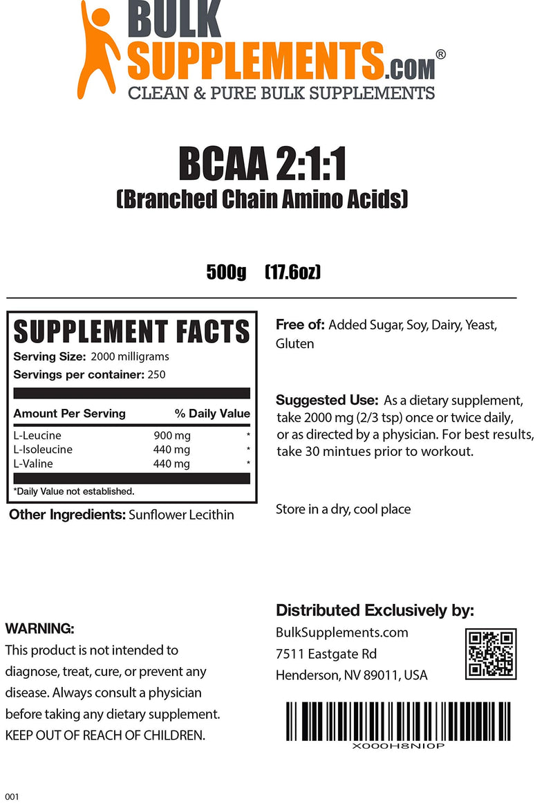 BulkSupplements.com BCAA 2:1:1 (Branched Chain Amino Acids) - Amino Acids Supplement - Amino Acid Powder - BCAAs Amino Acids - BCAA Pre Workout - Vegan Preworkout (500 Grams - 1.1 lbs) 1.1 Pound (Pack of 1) - NewNest Australia