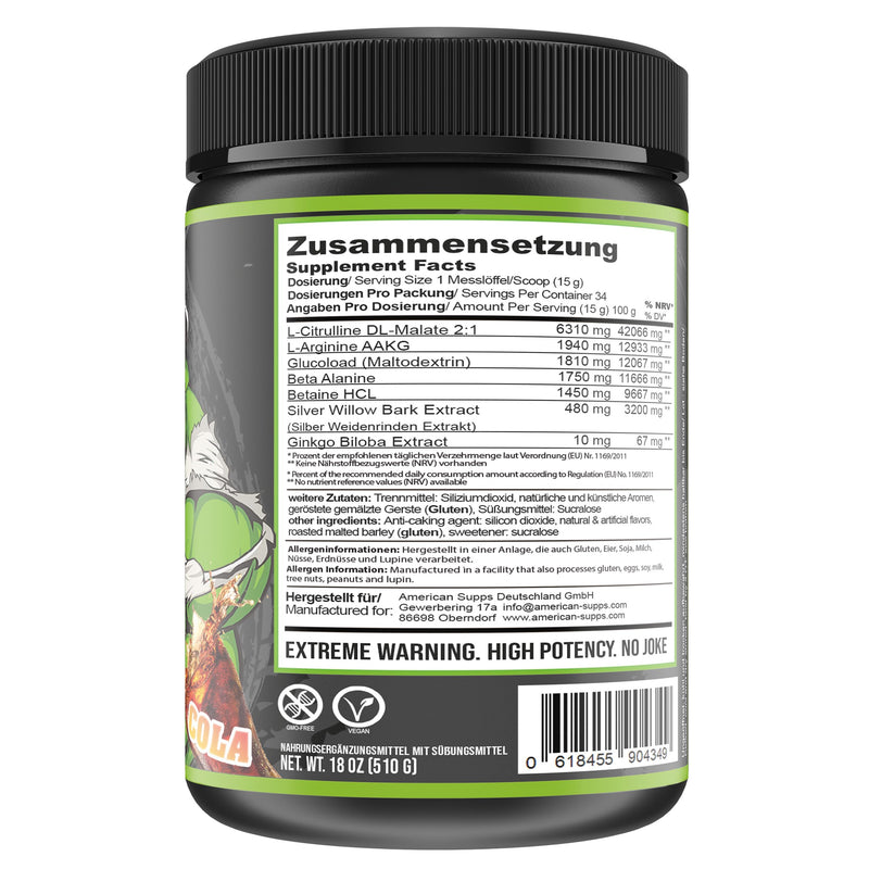 American Supps® PREMIUM Pump Booster [510g] - AAKG + L Citrulline Malate + Beta Alanine + Ginkgo Biloba - ultimate pump booster for hardcore training (Cola) Cola - NewNest Australia