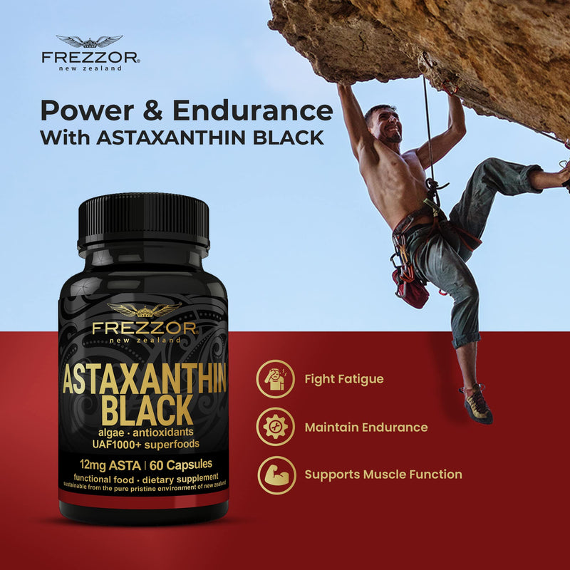 FREZZOR New Zealand Astaxanthin Black with UAF1000+, Anti-Aging, Skin, Eye, Nerve, Muscle Recovery, Cardiovascular and Immune Support Antioxidant Supplement, 12mg Astaxanthin, 30 Servings, 1 Bottle - NewNest Australia