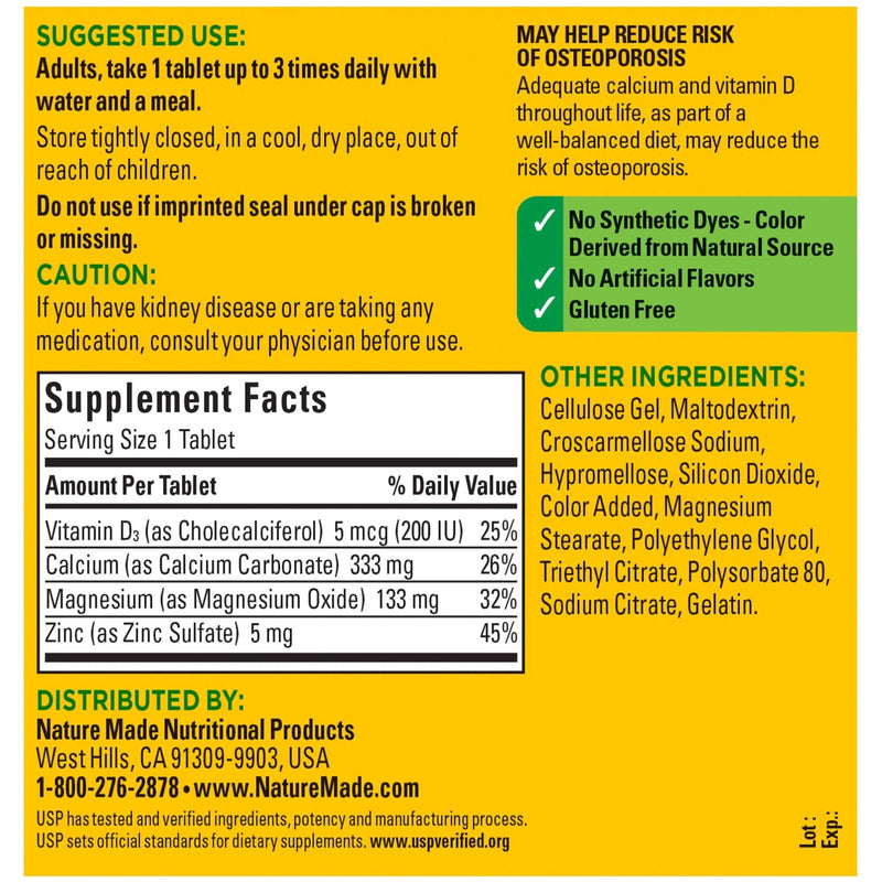 Nature Made Calcium, Magnesium Oxide, Zinc with Vitamin D3 helps support Bone Strength, Tablets, 300 Count - NewNest Australia