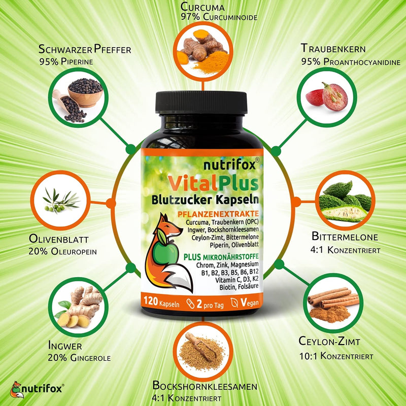 120 Blood Sugar Capsules Vital Plus (With Ceylon Cinnamon, Chromium, Zinc, Opc, Bitter Melon, Fenugreek Seeds, Turmeric, Ginger, Vitamin B Complex, Etc.), 2 Months, From Nutritionists For Diabetes - NewNest Australia