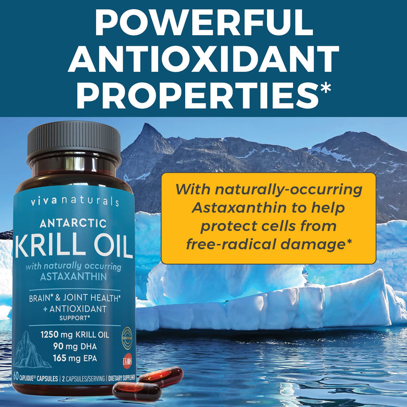 Krill Oil Supplement 1250mg - Antarctic Krill Oil Omega 3 Providing Astaxanthin, DHA and EPA, Joint Support and Brain Supplement with No Fishy Aftertaste (60 Capsules) 60 Count (Pack of 1) - NewNest Australia