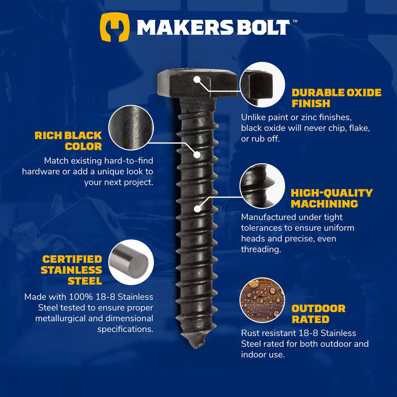 1/4" x 1-1/2" Stainless Steel Hex Lag Bolts (25 pcs) Black Oxidized in USA by Makers Bolt 1/4 x 1-1/2 (25 pcs) - NewNest Australia