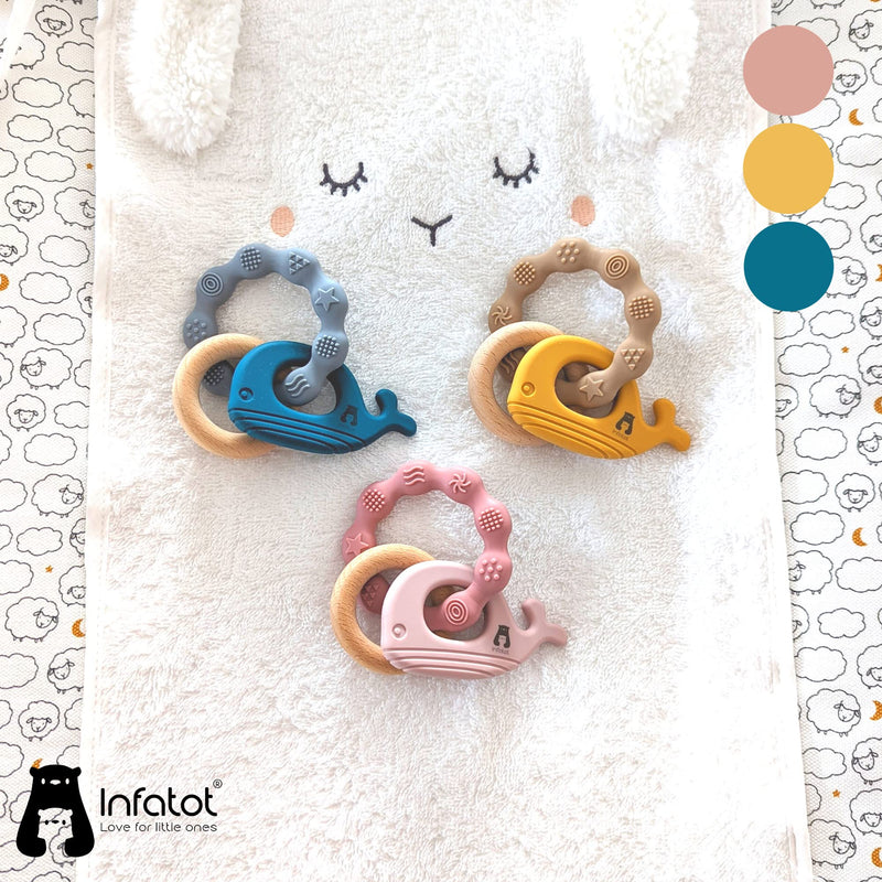 Infatot MultiTexture Teething Toys for Baby, BPA Free Silicone Easy to Hold Toy with Wooden Teether. Animal Teethers for Newborn & Babies 3 4 6 12 Months Boy & Girl Teether Infant & Shower Gifts. B Blue and Navy - NewNest Australia